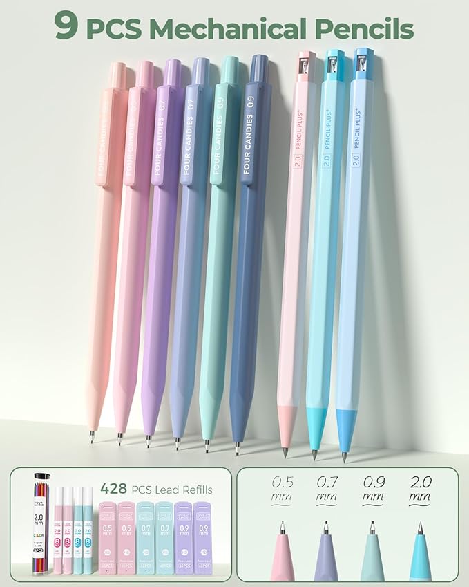 Four Candies 56 PCS Aesthetic School Supplies with Pencil Case, 6 Multicolor Pen, 12 Pastel Highlighters, 5 Gel Pens Black Ink, 9 Mechanical Pencils for Student Stationary Set Preppy Stuff (Green)