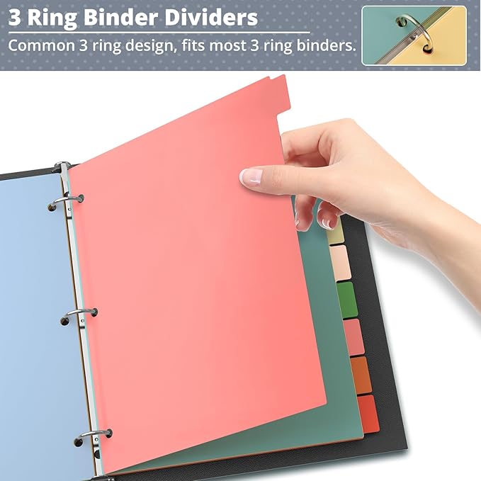 Dividers for 3 Ring Binder, Plastic 3-Hole Punched Letter Size 8-Tab Dividers, Bulk 96Pcs 12 Set Letter Size Multicolor Index Dividers for School Office Supplies