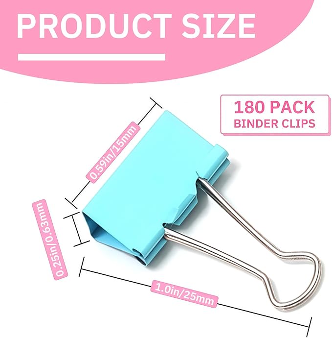 180 Pcs Small Binder Clips Assorted Colored, 0.59 in/15mm Mini Binder Paper Clips, Paper Clamps for Office Supplies, Home, School,Business Document Organizing (Blue, Pink, Yellow, Green)