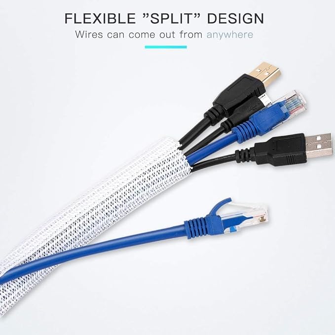 AGPTEK Cable Sleeve Cover, 6.6ft - 2/3 inch Desk Cord Organizer Cable Hider, Home Office Wire Management Computer TV Wire Loom Tubing, Pet Proof Cord Protector, from Cat Dog Chewing, White