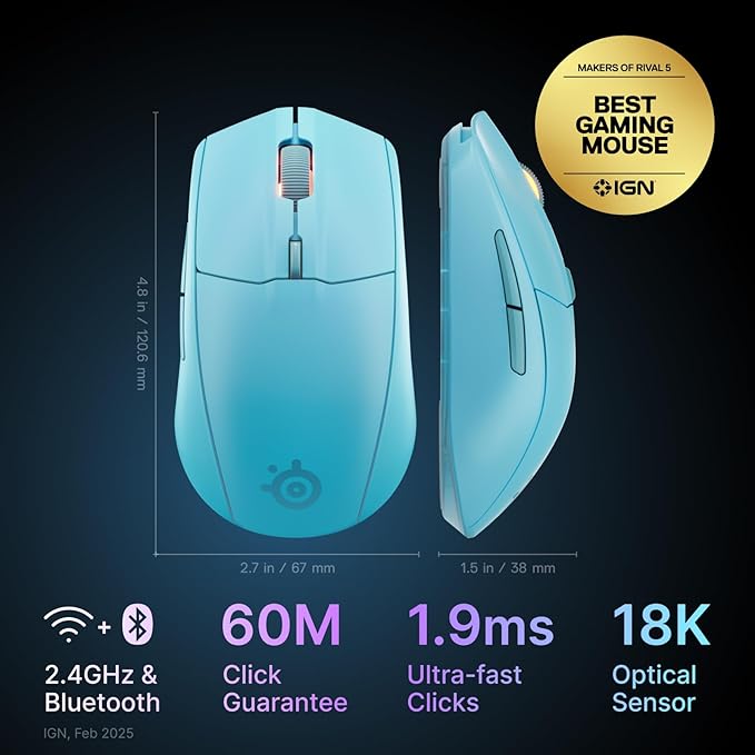 SteelSeries Rival 3 Wireless Gen 2 Gaming Mouse — 2.4GHz and Bluetooth — 18000 DPI TrueMove Air Optical Sensor — 60 Million Click Durability — Light-Weight — 100% PTFE Feet — Aqua
