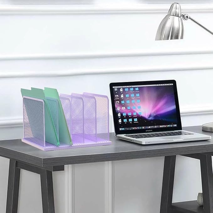 Kuntine.B Desk File Organizer Upright Mesh Desktop Organizer File Sorter Office Organization File Holder for Home, Office & Classroom (Purple, 1 Pack 5-Section)