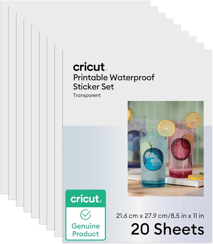 Cricut Printable Waterproof Sticker Set, 20 Transparent Sheets (8.5" x 11") - Compatible with Inkjet Printers - For Joy Xtra, Explore, & Maker Machines