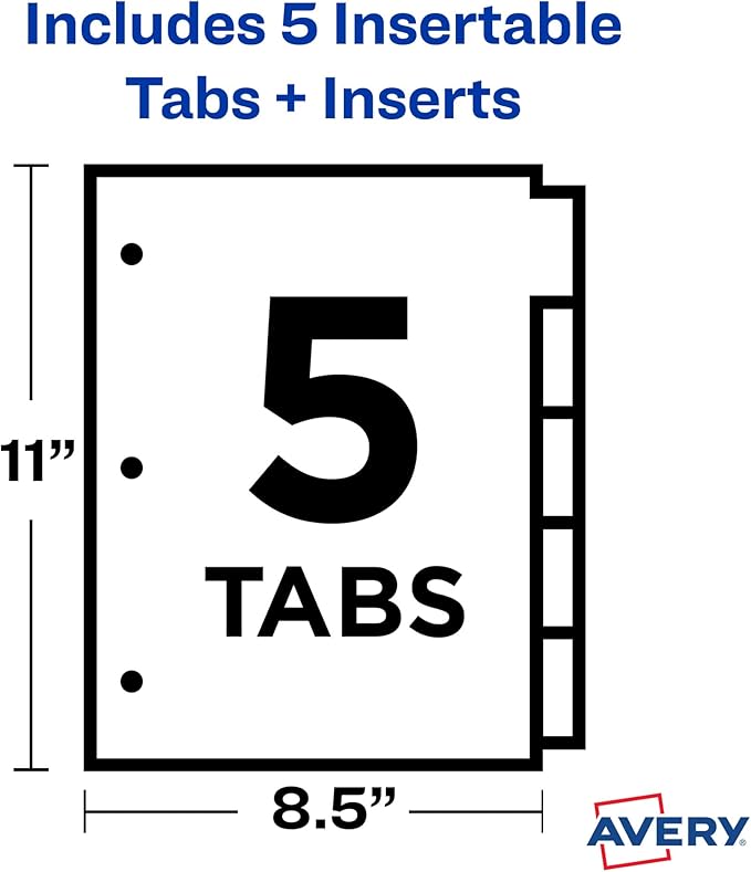 Avery Dividers for 3 Ring Binders, 5-Tab Plastic Binder Dividers, Insertable Big Tabs, Multicolor (24 Sets of 11900)