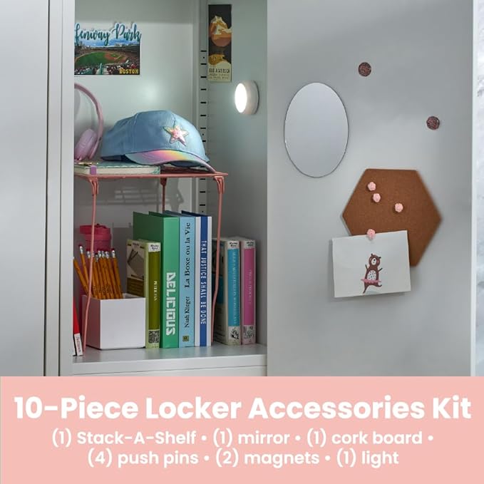 LockerMate by Bostitch 10-Piece Fashion Locker Kit with 12" Stac-A-Shelf, Pink/Floral