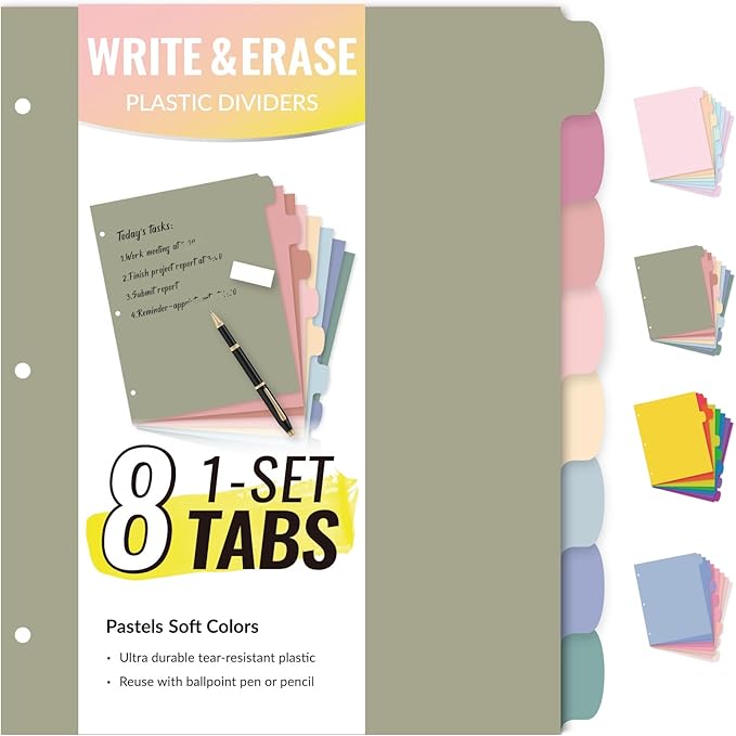 Sooez 8 Tabs Long-Lasting Plastic Write & Erase Large Tabs Dividers for 3 Ring Binder, Aesthetic Cute Pastels Binder Dividers for Student, Teacher, Office, Home Organizers, 1 Set, Dusty Color