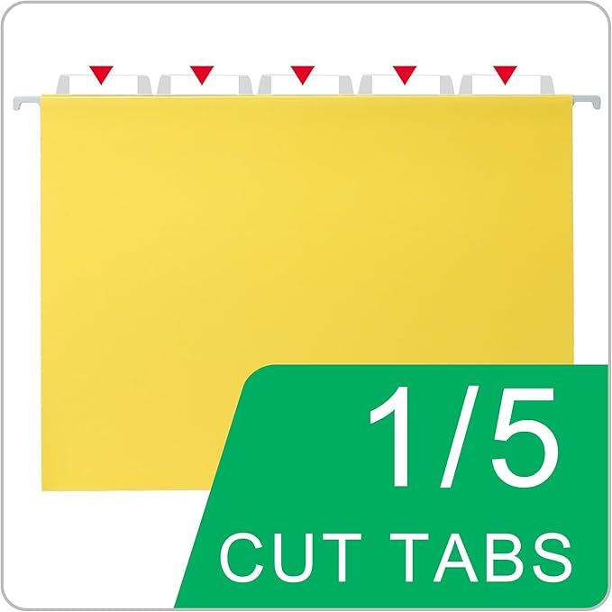 Yellow Hanging File Folders,25 Packs Letter Size File Folder,Designed for Bulky Files,Filing Cabinet,1/5 Adjustable Tabs for Office,School,Home