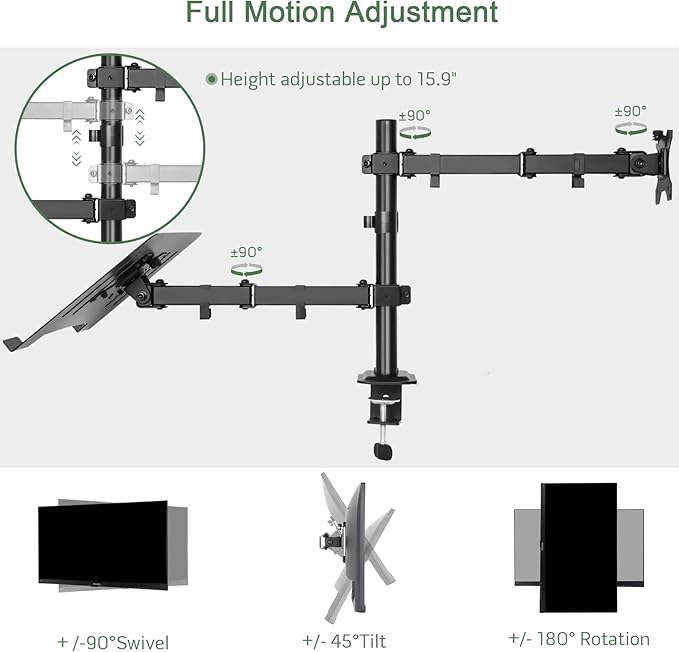 Monitor and Laptop Mount, Monitor Arm with Vented Tray for 13" to 27" LCD Computer Screens and Notebook up to 17 inch, Fully Adjustable Laptop Mount Stand Holds up to 17.6lbs