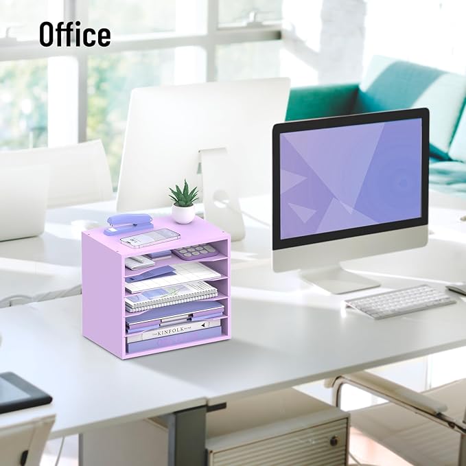 5-Tier Wood Desk Organizer, Paper Tray Organizer for Desk with Adjustable Storage Shelves, Desktop File Organization Paper Sorter Mail Holder for Office Home Classroom, Purple