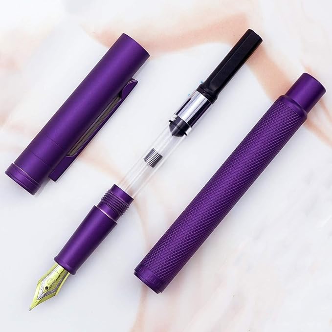 Asvine Purple Fude Pen, Bent Nib Fountain Pen Calligraphy (Fine to Broad) with Converter and Metal Pen Case Set