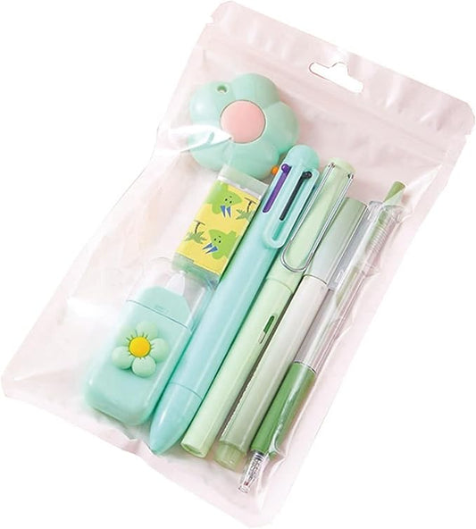 7 Pcs Cute Green Stationery Set Kawaii School Supplies Office Supplies Including Ballpoint Pens Pencil Sharpener Highlighter Correction Tape Eraser Utility Knife (Green)