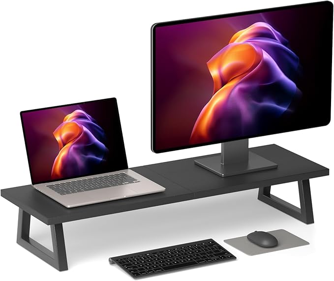 TEAMIX 31.5 inch Dual Monitor Riser, Long Black Monitor Stand Riser Wide TV Stand Riser Monitor Stand for 2 Monitors Wood & Steel Desktop Riser Desk Organization Home Office