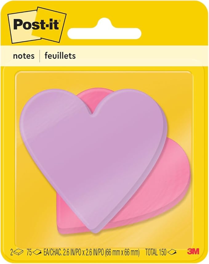 Post-it Notes, Heart Shape, Assorted Colors, 2.6x2.6 in, 2 Pads, 75 Sheets/Pad (7350-HRT)