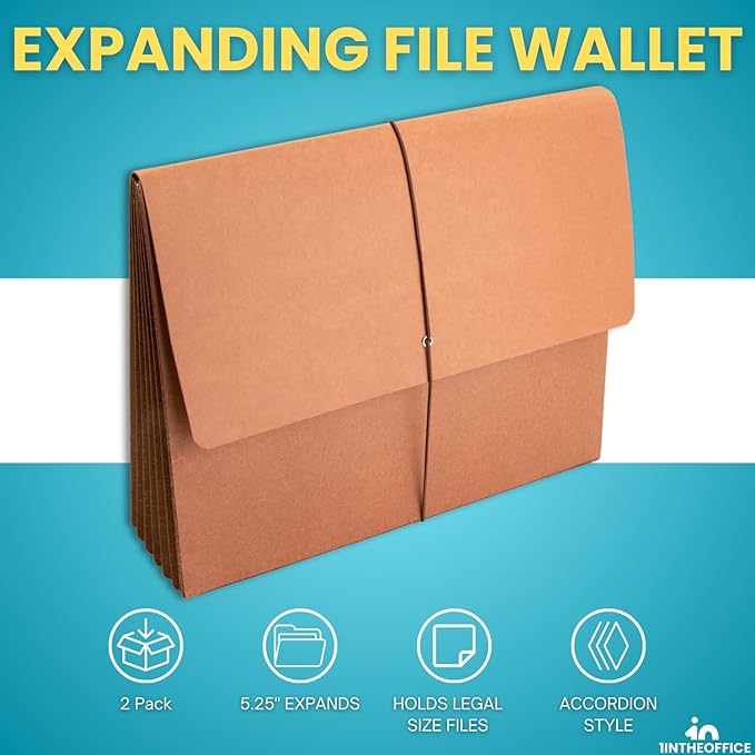 1InTheOffice Expanding File Wallet with Flap and Cord Closure, 5-1/4" Expansion, Letter Size, Redrope, 2 Pack