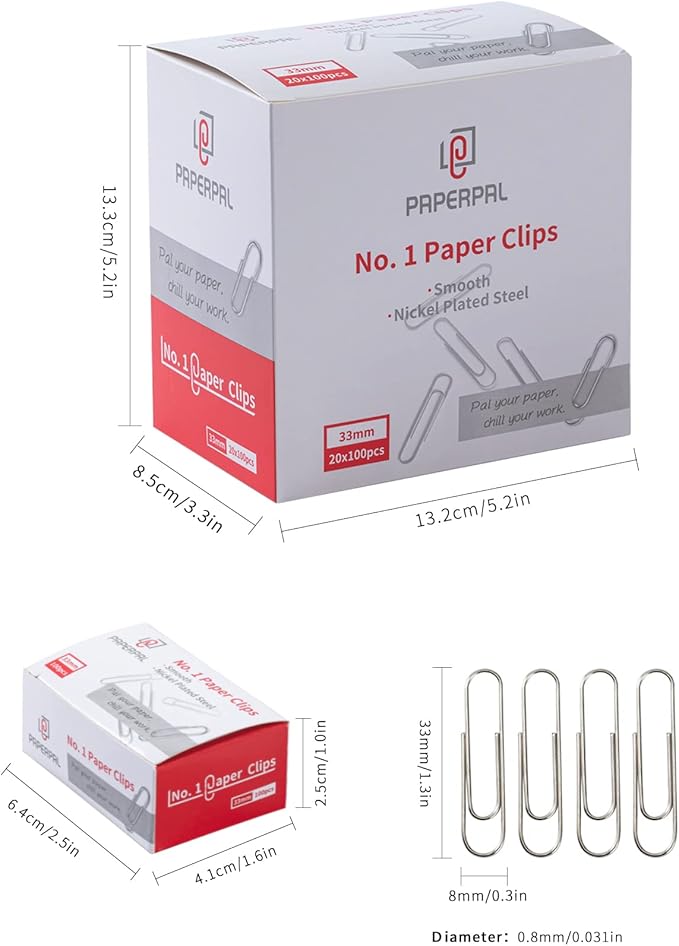 PAPERPAL Paperclips for Office School & Personal Use, #1 Smooth Paper Clip (1-2/7"), 2000 Medium Paper Clips (20 Boxes of 100 Each), Silver