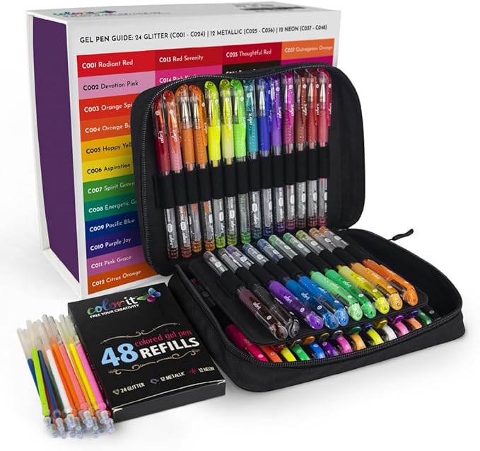 ColorIt Gel Pens for Adult Coloring – 96 Pack with 48 Premium Gel Pens & 48 Refills with 1 Travel Case - Vibrant Colors for Journaling, Writing, Coloring Books for Adults, and Creative Projects