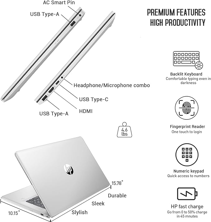 HP 17 Touchscreen Laptop Computer, 17.3” HD+ Touch Screen Laptop Notebook PC, Intel 10-Core i7, 36GB RAM 1TB SSD, Windows 11 Pro, 10 Key Backlit Keyboard, Fingerprint Reader, Wi-Fi 6