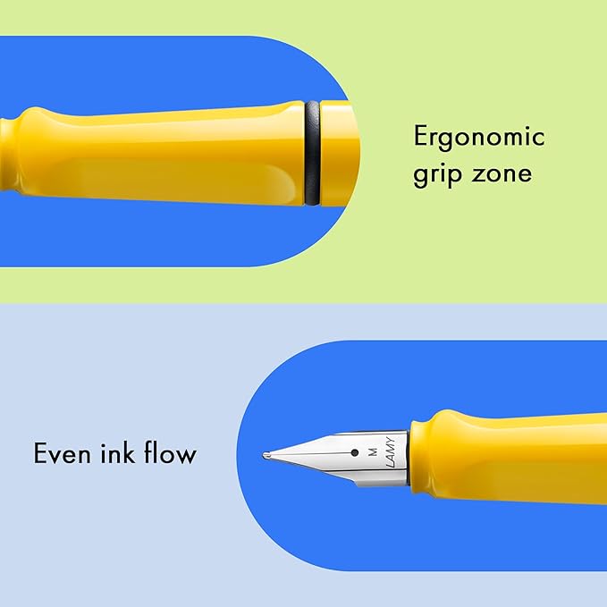 LAMY safari yellow - Fountain Pen with ergonomic grip & polished steel nib in size F - ideal for any Writing & Calligraphy - including LAMY T 10 blue cartridge - Right-Handed