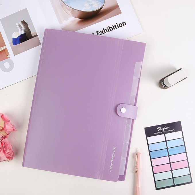 SKYDUE File Folder with Labels, Accordion File Organizer with 8 Pockets, Portable Document Organizer, A4 Letter Size, Paper Organizer for Office, Purple