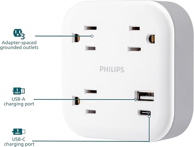 Philips EZFit 3-Outlet Surge Outlet Extender with USB, 1 USB-A, 1 Type-C, Adapter Spaced, Charging Station, 12W, 980 Joules, 2 Pack, White - SPP3605W/37