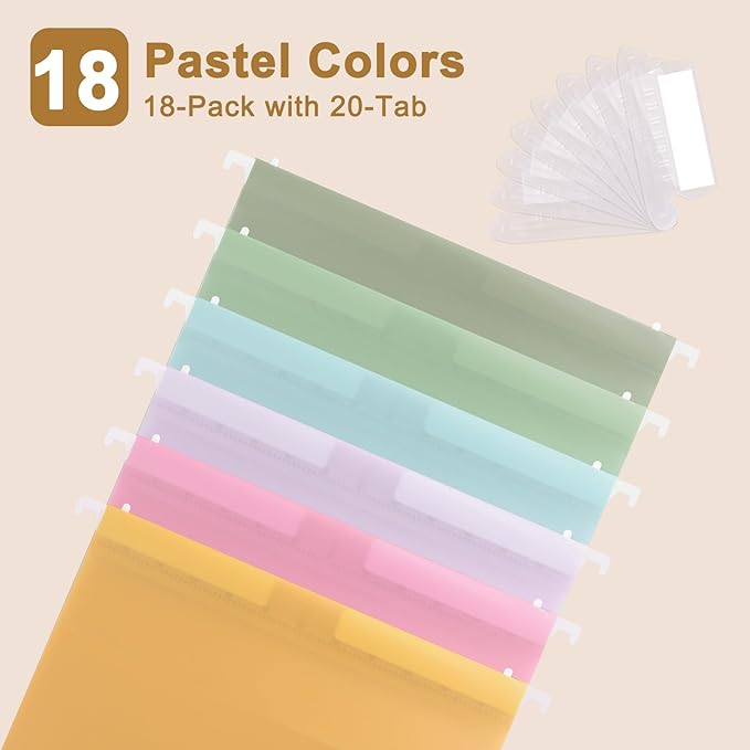 Pastel Plastic Hanging File Folders,Letter Size,18 Pack Reinforced Hang Folder,Standard File Folders for Filing Cabinet,Plastic Hanging Folders,1/5-Cut Tabs,Designed for Home and Office