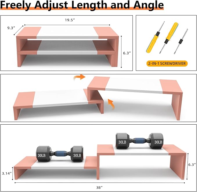 WESTREE Dual Monitor Stand - Monitor Stand Riser - 2 Shelf Computer Monitor Stand with Adjustable Length and Angle, Monitor Stands for 2 Monitors, Desktop Organizer Stand Office Furniture for PC, Computer, Laptop