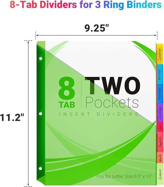 8-Tab Dividers for 3-Ring Binders, 96 Counts 3 Holes Index Dividers with 2 Pockets, Insertable 8 Tabs Binder Divider for 1/2''/1''/2''/3'' inch Binders, 8 Colors (12)