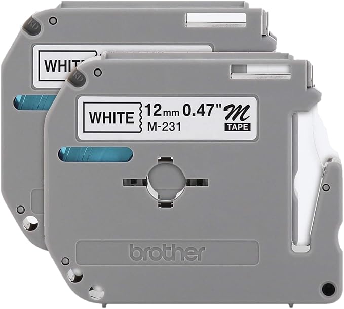 Brother Genuine P-touch M-2312PK Tape, 2 Pack, 1/2" (0.47") Wide Standard Non-Laminated Tape, Black on White, Recommended for Home and Indoor Use, 0.47" x 26.2' (12mm x 8M), 2-Pack, M2312PK, M231