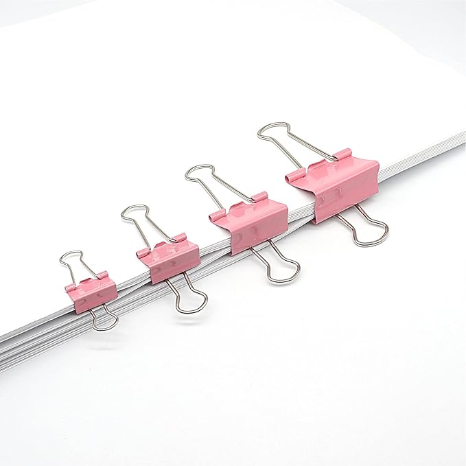 Binder Clip Paper Clamps, Assorted Sizes (Mini, Small, Medium, Large), 100 Pcs Clips for Office School Supplies (Pink)