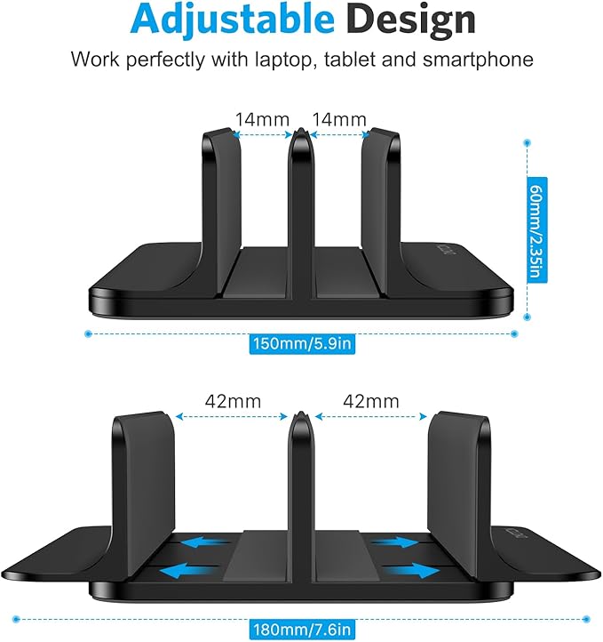 OMOTON Vertical Laptop Stand [Updated Double Version], Desktop Aluminum Mac Book Stand with Adjustable Dock Size, Fits All Mac Book, Surface, Chrome Book and Gaming Laptops (Up to 17.3 inch) (Black)