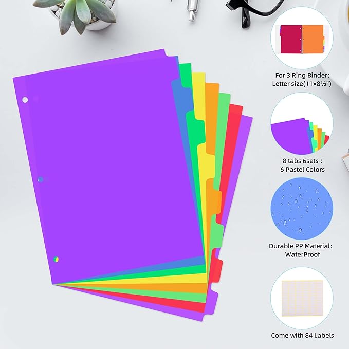 24PCS/3 Set 3-Ring Binder Dividers with Tabs,8 Tab Plastic File Dividers,Binder Separators with tabs for Office/School Supplies