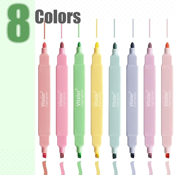 Vitoler Bible Highlighters,8 Pack Pastel Colors Highlighters Set for Book,Double Sided Highlighter for Journaling Supplies and School Accessories