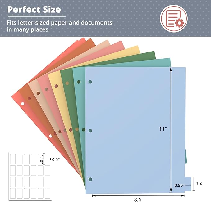Dividers for 3 Ring Binder, Plastic 3-Hole Punched Letter Size 8-Tab Dividers, Bulk 96Pcs 12 Set Letter Size Multicolor Index Dividers for School Office Supplies