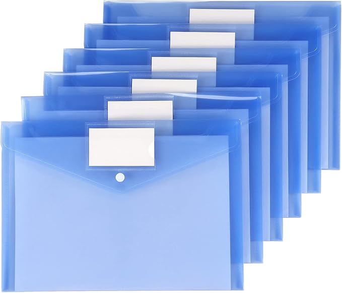 6 Pack Clear Document Folders Plastic Envelopes Poly Envelopes File Envelopes with Label Pocket and Snap Button for Home Work Office Organization, Letter Size/A4 Size (Blue)