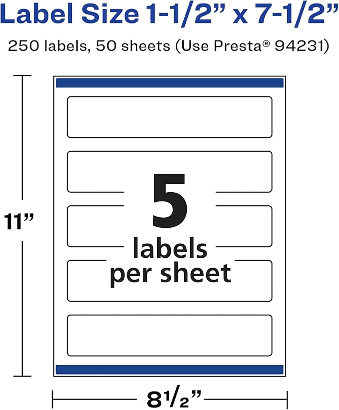 Avery Glossy White Rectangle Labels, Sure Feed Technology, 1.5" x 7.5", 250 Glossy White Labels, Print-to-The-Edge, Permanent Adhesive, Laser/Inkjet Printable