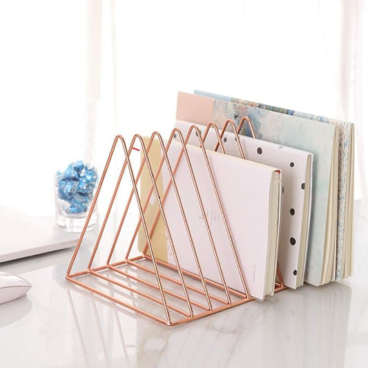 Sooyee 9 Slot Rose Gold Magazine Holder,Desktop File Sorter Organizer Triangle Bookshelf Decor Home Office