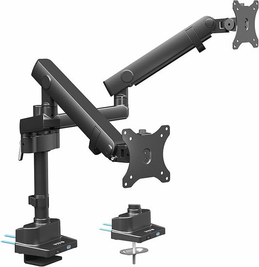 VIVO Premium Aluminum Full Motion Dual Monitor Desk Mount Stand with Lift Engine Arm, Pole Extension, and USB Ports, Fits Ultrawide Screens up to 40 inches, STAND-V102BDU