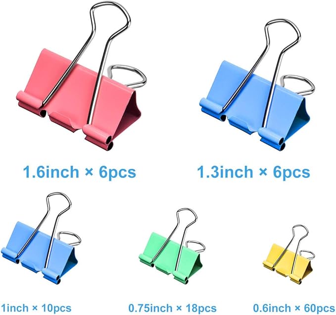 Binder Clips - Assorted Sizes 100 Count, X Large, Large, Medium, Small, Mini Paper Clamps Combination, Suitable for Office Supplies, Home, and School Use