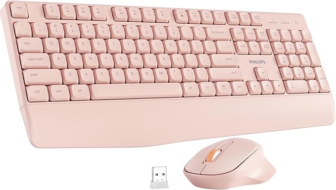 PHILIPS Wireless Keyboard and Mouse Combo-Ergonomic Keyboard and Mouse Wireless Combo with Silent Design,Plug n' Play,Sleep Mode and 2.4GHz Keyboard for Mac, Windows, Laptop-Pink