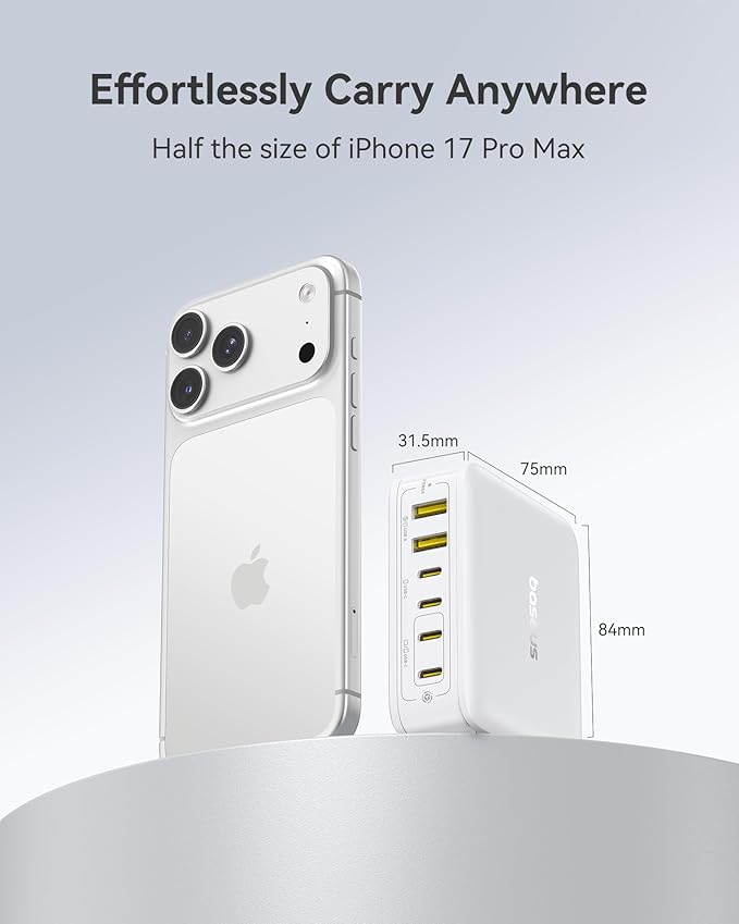Baseus Charging Station 120W, 6-in-1 USB-C PD Fast Charging Desktop Charger with 5ft Extension Cord, 4 USB C, 2 USB A Ports, Travel Power Strip for iPhone 17/16, iPad Pro, MacBook Pro, Tablet and More