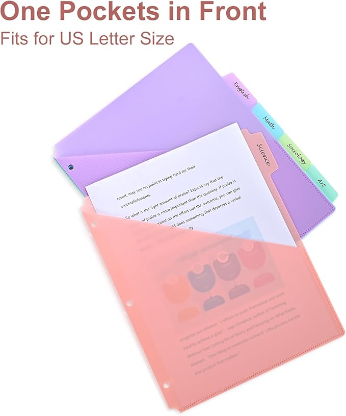 【5 Tabs Dividers with Pockets for 3 Ring Binder, 5 Count Binder Dividers for US Letter Size, Tabbed Dividers for School, Office, and Home Organization, 5 Pastel Colors (1)】