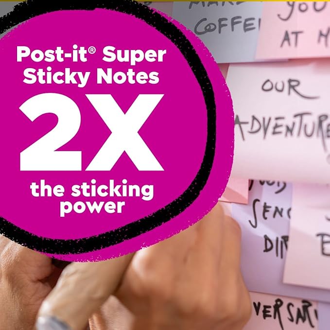 Post-it 100% Recycled Paper Super Sticky Notes, 3 in. x 3 in., 24 Pads, 70 Sheets per Pad, Wanderlust Pastels, New Year Organization or Second Semester School Supplies