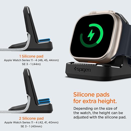 Spigen Rugged Armor Stand Designed for Apple Watch Charger Stand Compatible with Ultra 3/2/1 49mm, Series 11/10 46/42mm, 9/8/7 45/41mm, SE3/SE2/SE/6/5/4 44/40mm with Non-Slip Stable Base - Black