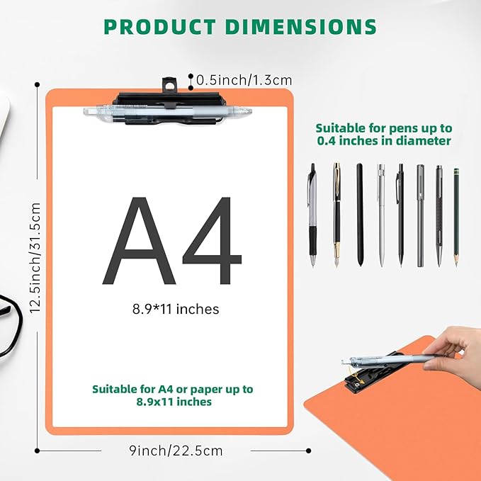 Orange Clipboard with Pen Holder, 2 Pack Plastic Clipboard with Low Profile Metal Clip, Hanging Clipboards Holds 8.5x11 Inch Papers, Standard A4 Letter Size Clip Board for Office & School