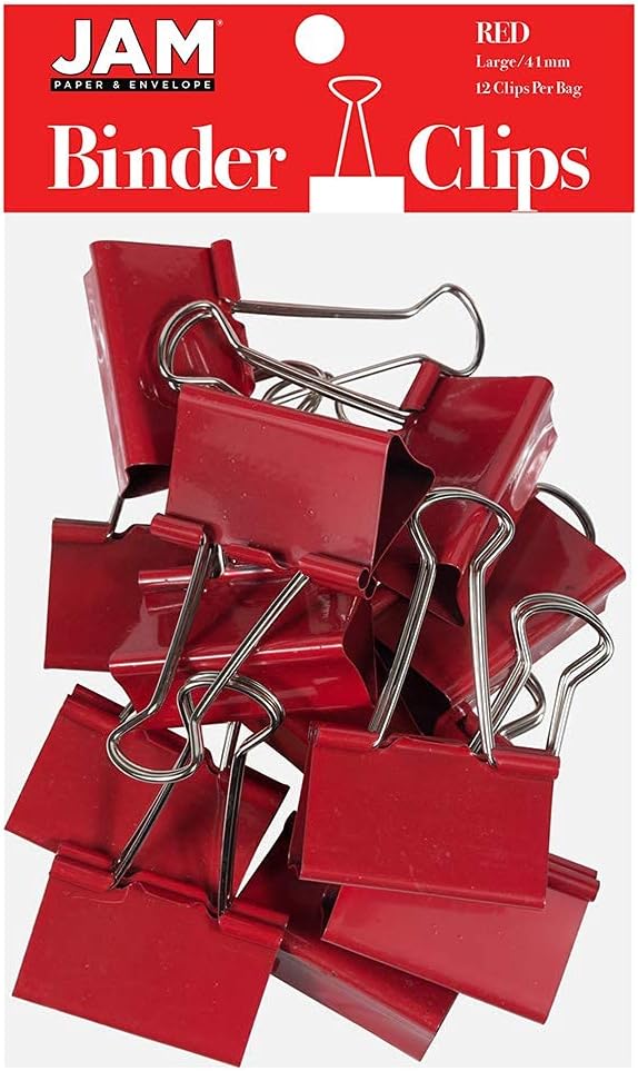 JAM PAPER Colorful Binder Clips - Large - 1 1/2 Inch (41 mm) - Red Binderclips - 12/Pack