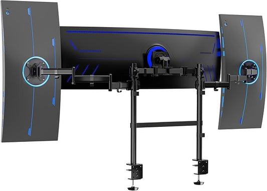 VIVO Clamp-on Dual Pole Triple Monitor Desk Mount for 1 Center Utrawide up to 49 inches and 59.4 lbs, 2 Side Screens up to 38 inches and 17.6 lbs, Low Profile Adjustable Stand, Black, STAND-V300CU