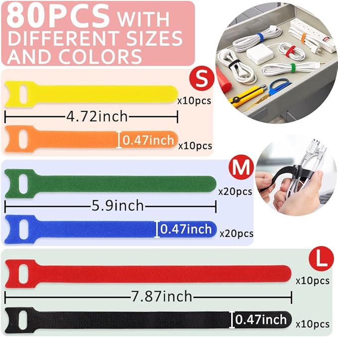 80pcs Cable Ties Reusable Multicolor Wire Ties Cable Management Cord Ties Reusable for Electronics Hook and Loop Cable Ties for Computer 4 6 8 Inch with 6 Colors