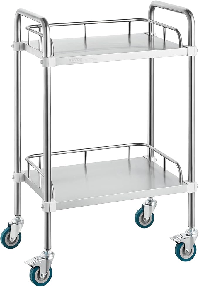 VEVOR Lab Rolling Cart, 2-Shelf Stainless Steel Rolling Cart, Lab Serving Cart with Swivel Casters, Dental Utility Cart for Clinic, Lab, Hospital, Salon, 15.16"x21.57"x34.06"