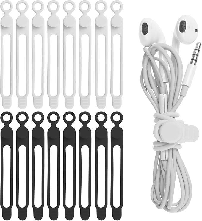 Nearockle 16Pcs 4.2" Silicone Cable Ties Cord Organizer for Cable Management, Reusable Cable Organizer Electronic Accessories in Home,Office,Kitchen,School,Travel(Black*8 & White*8)