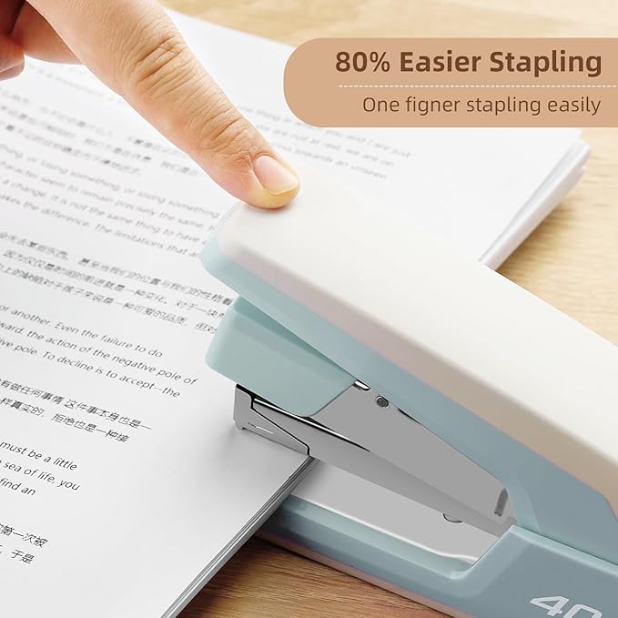 Deli Effortless Desktop Stapler, Heavy Duty Stapler, 40-50 Sheet Capacity, One Finger, No Effort, Includes 1500 Staples & Staple Remover, Blue